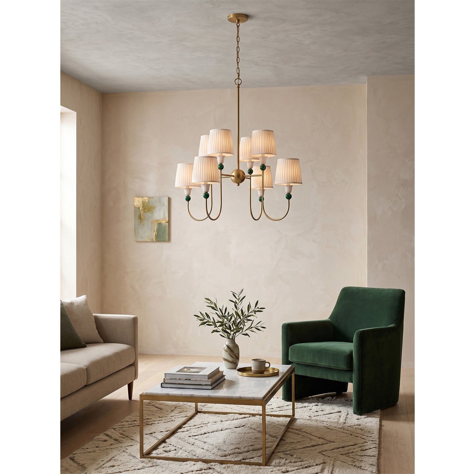 8-Light Malachite Brass Pleated Chandelier