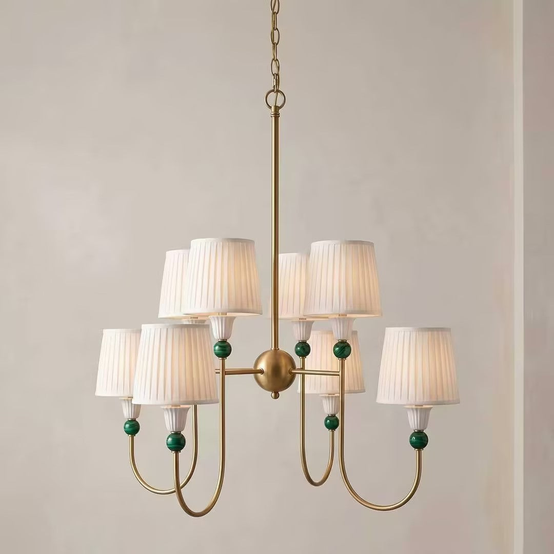 8-Light Malachite Brass Pleated Chandelier