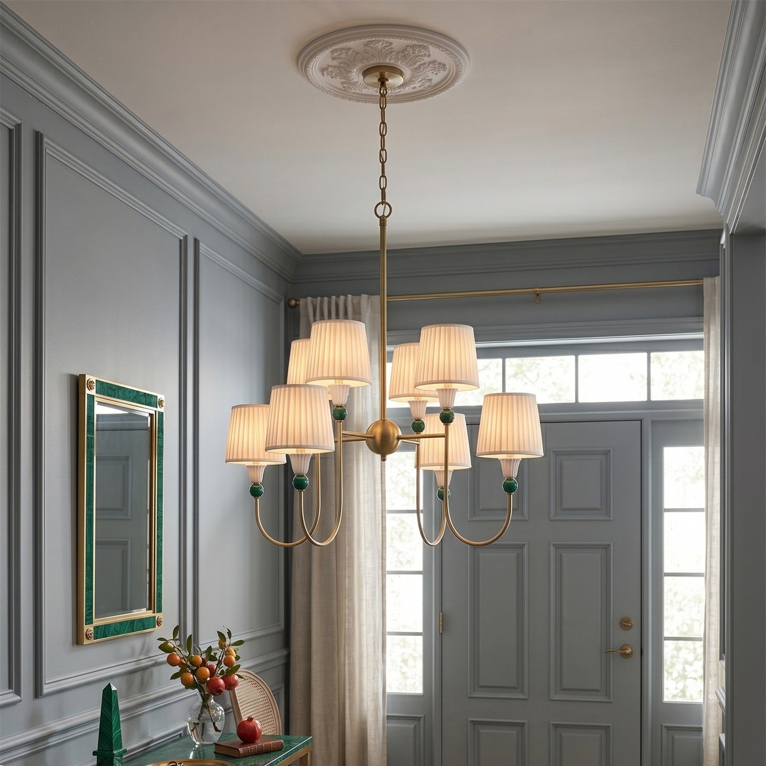 8-Light Malachite Brass Pleated Chandelier