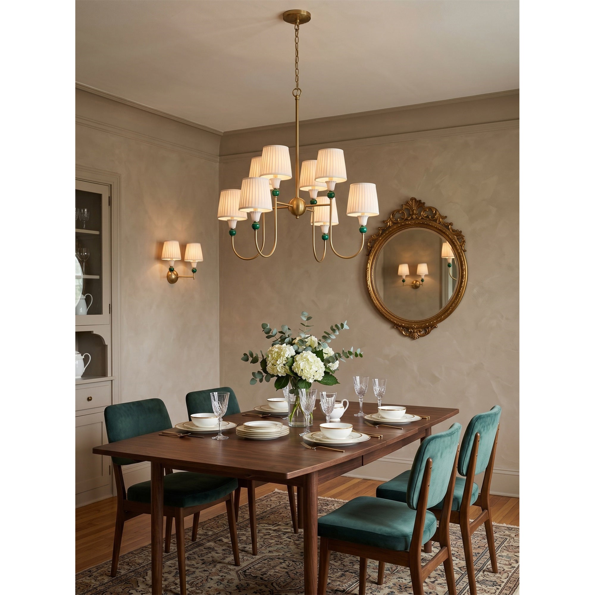 8-Light Malachite Brass Pleated Chandelier