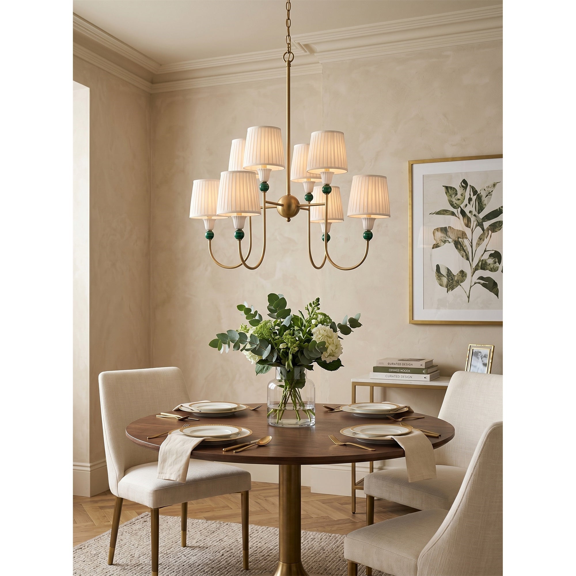 8-Light Malachite Brass Pleated Chandelier
