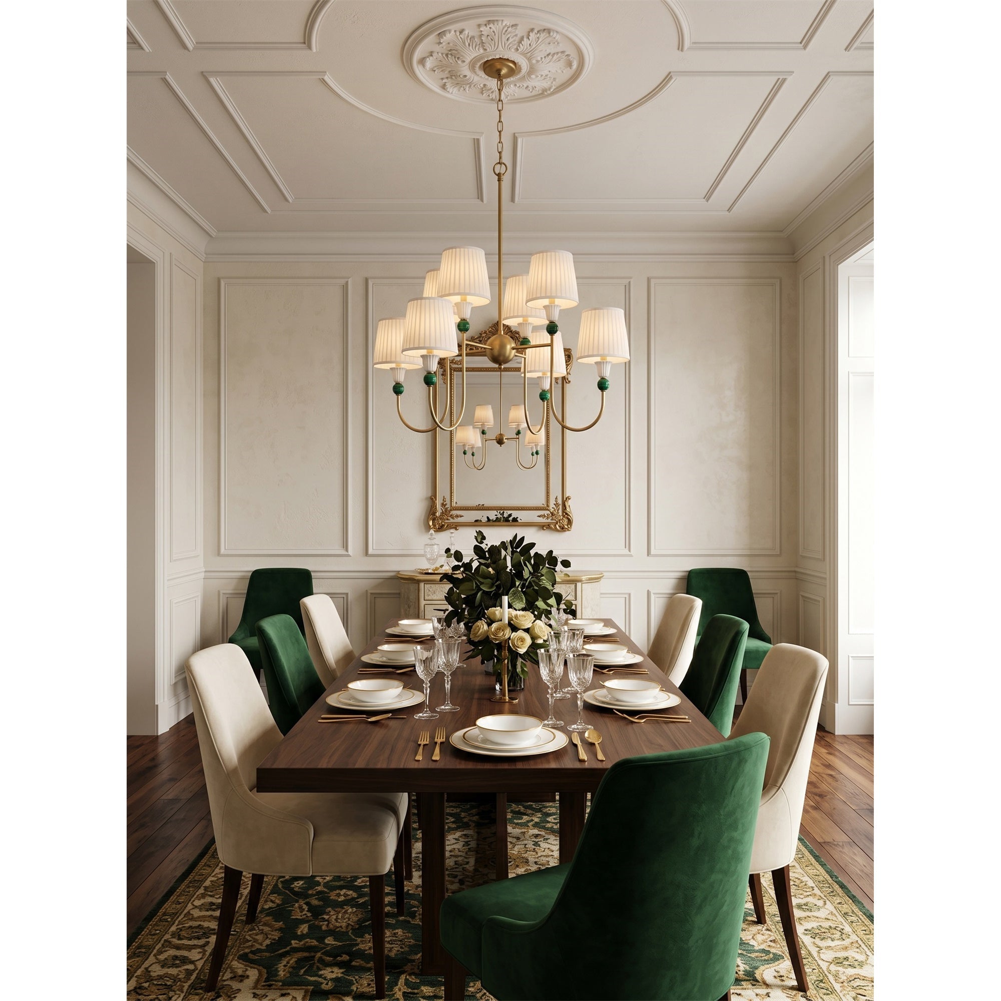 8-Light Malachite Brass Pleated Chandelier