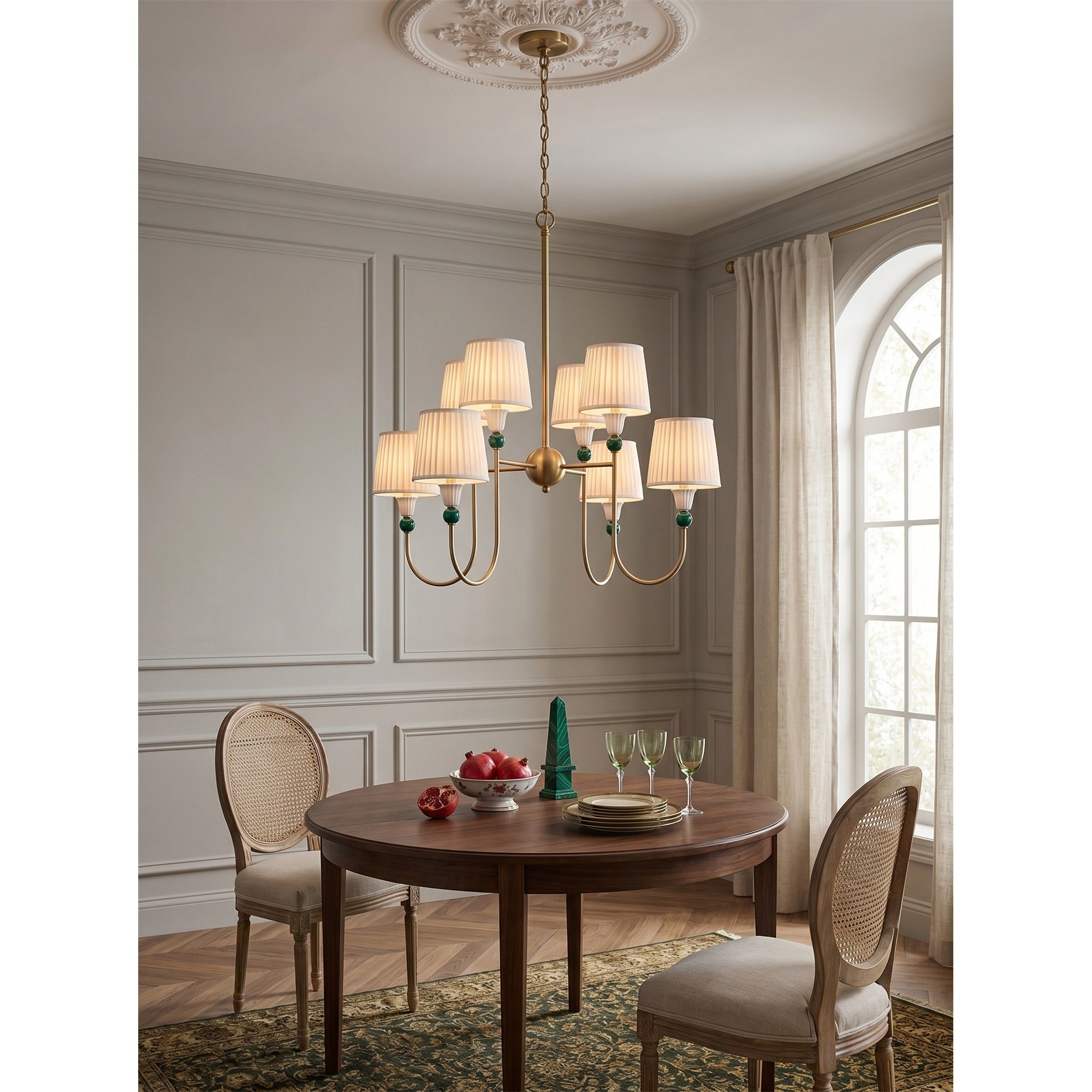 8-Light Malachite Brass Pleated Chandelier