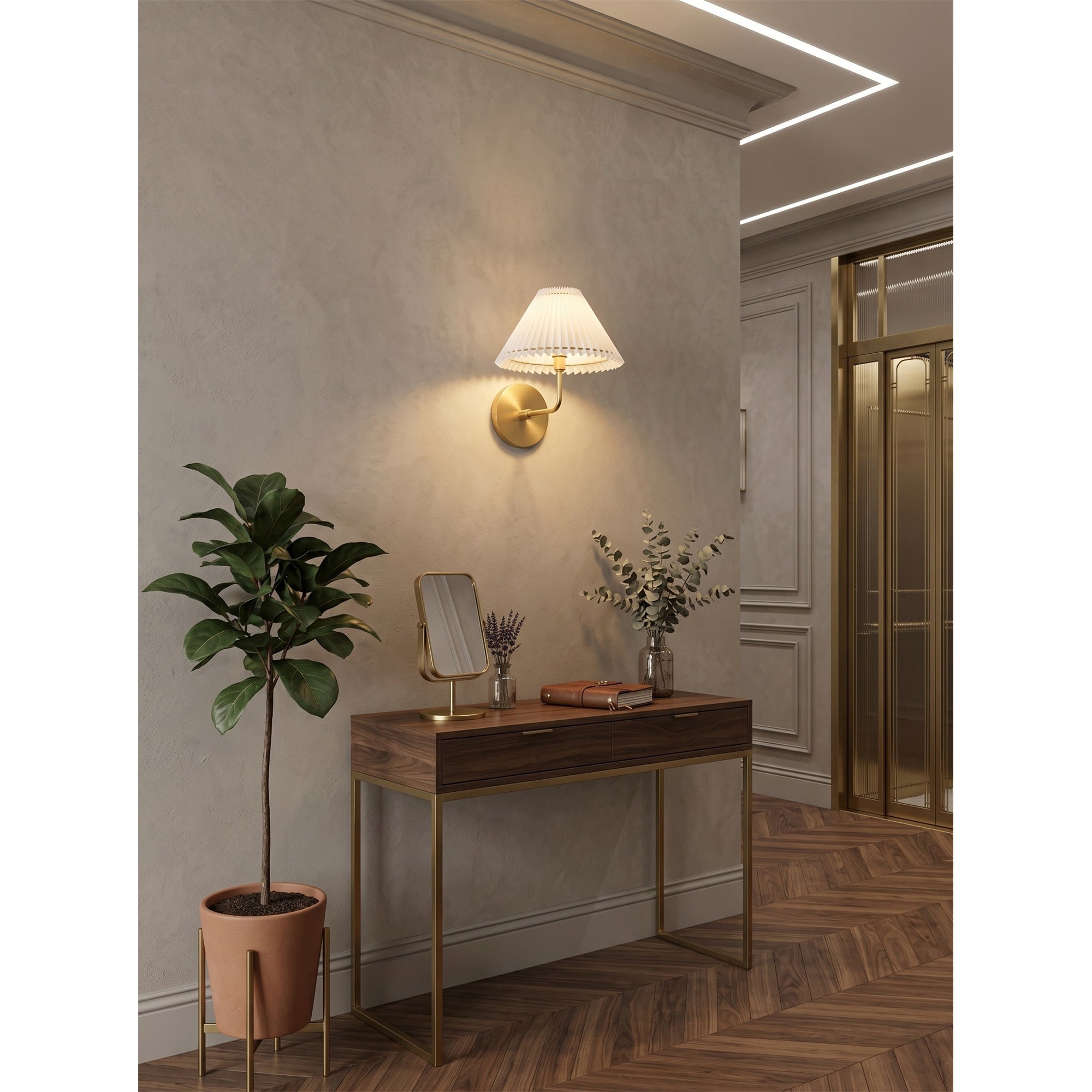 Pleated Fluted Shade Brass Wall Sconce