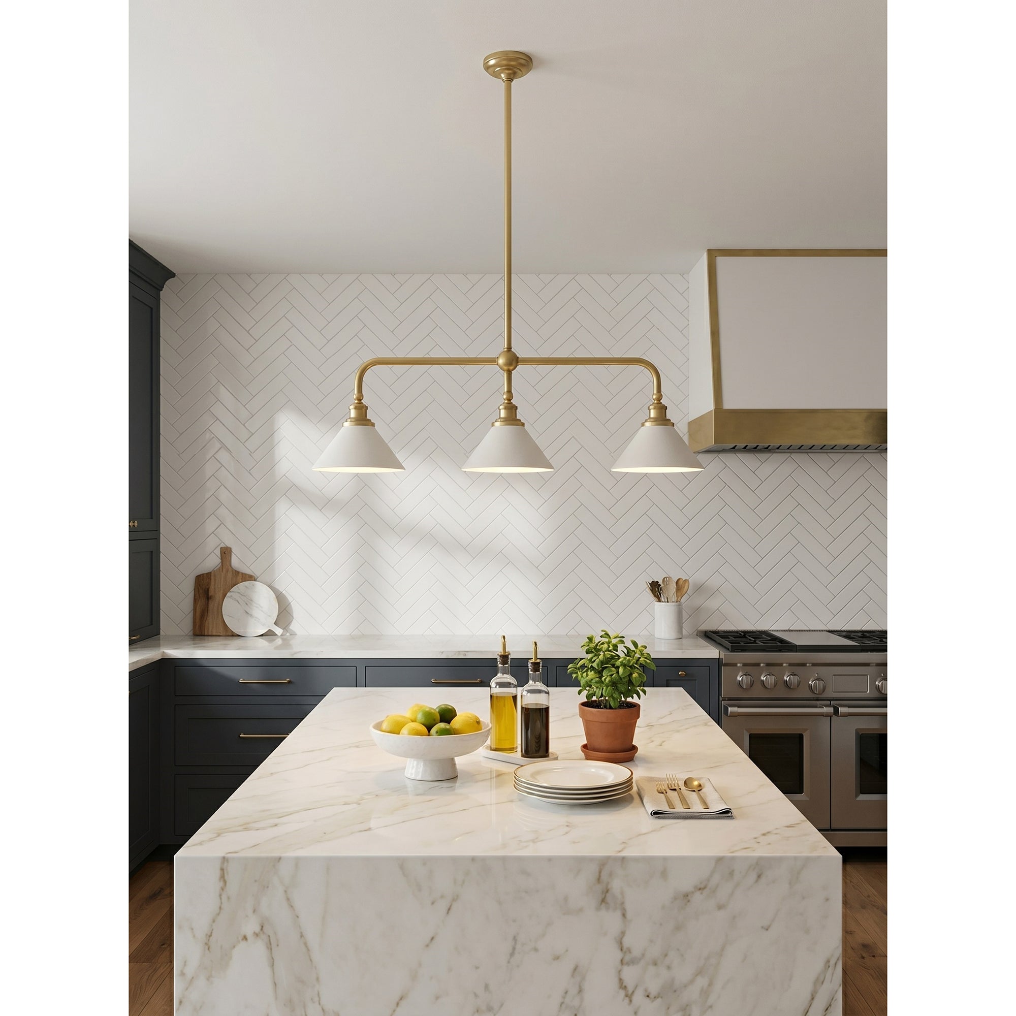 3-Light Brass Conical Island Chandelier