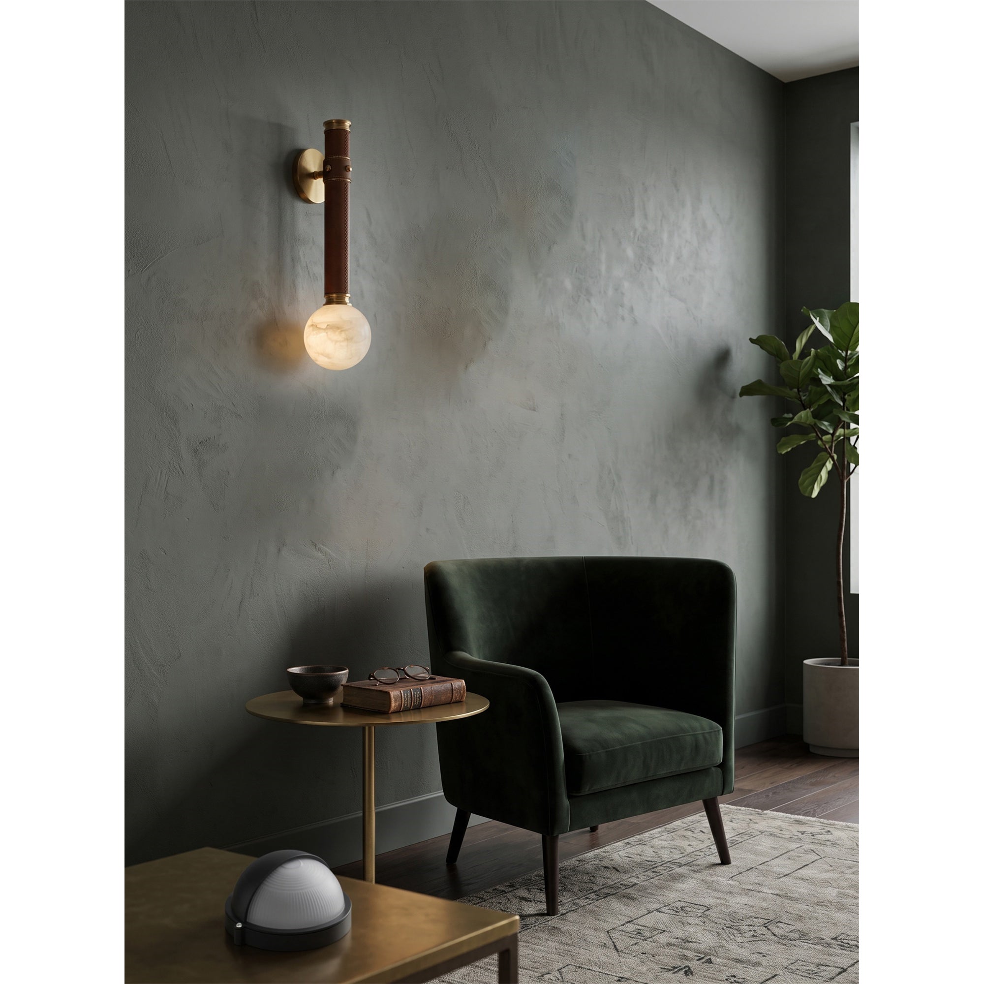 Stitched Leather Alabaster Globe Sconce