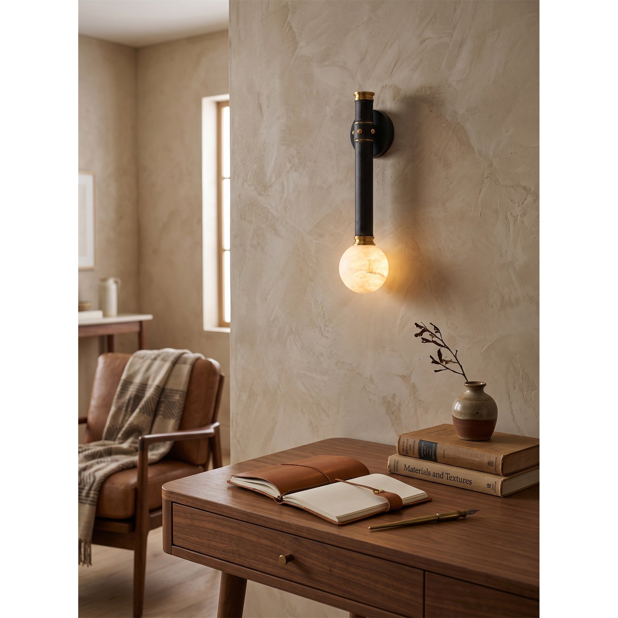 Stitched Leather Alabaster Globe Sconce