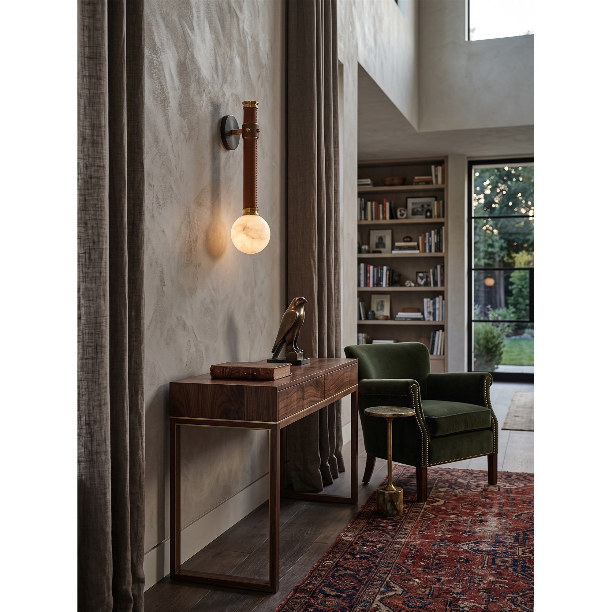 Stitched Leather Alabaster Globe Sconce