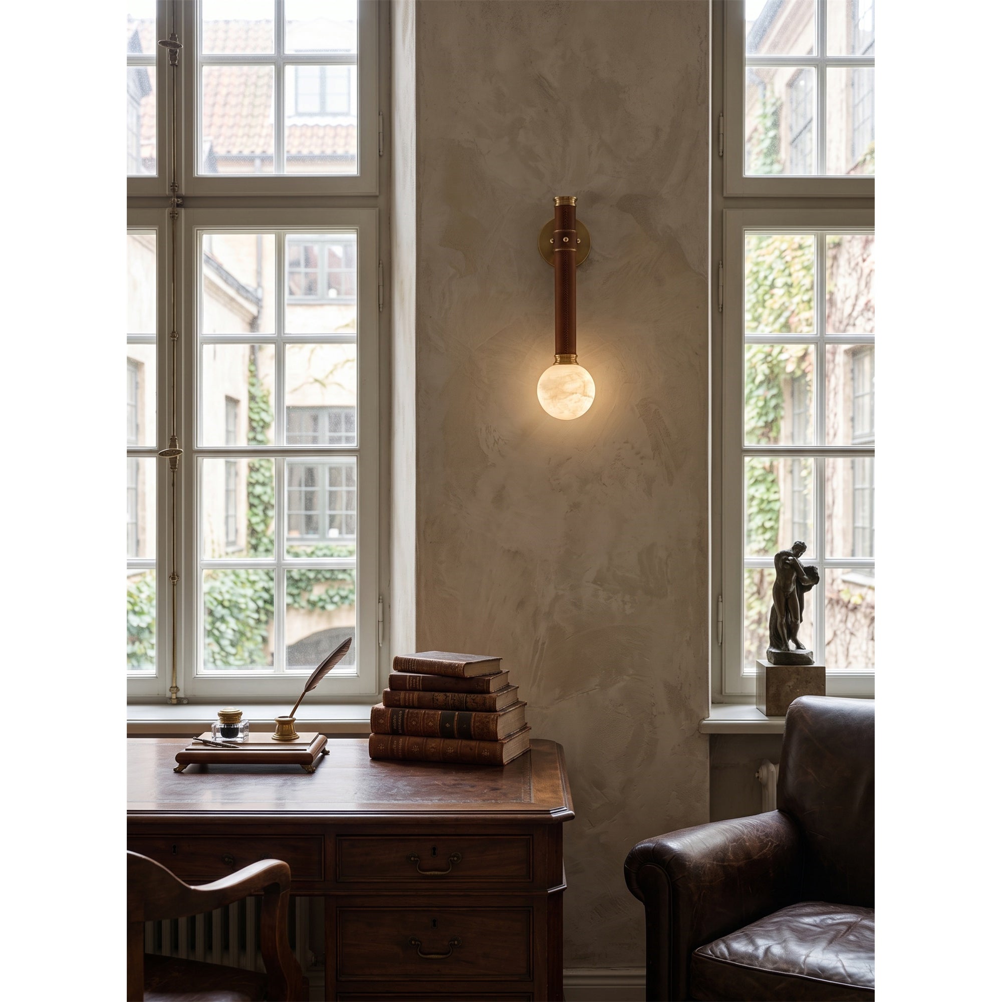 Stitched Leather Alabaster Globe Sconce