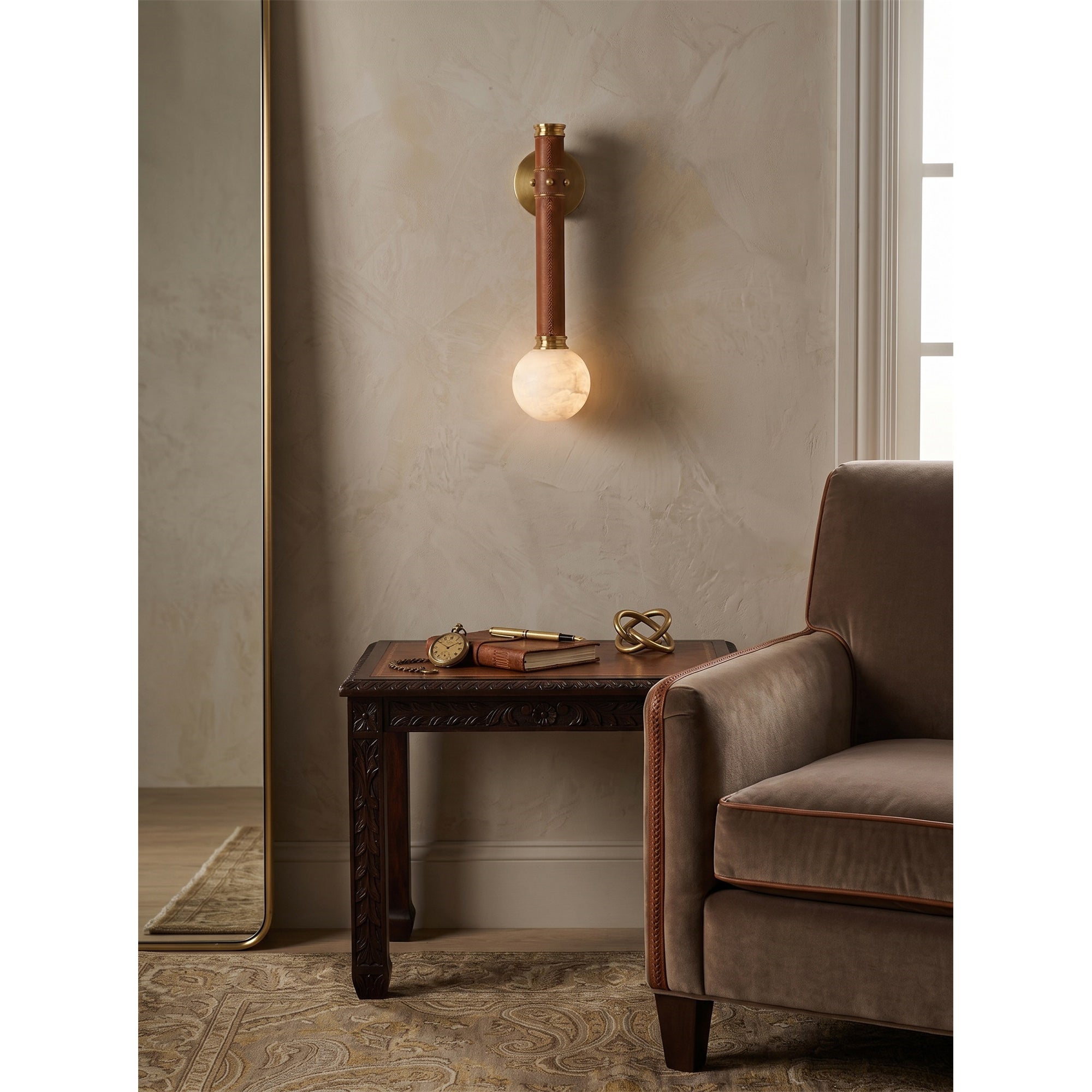 Stitched Leather Alabaster Globe Sconce