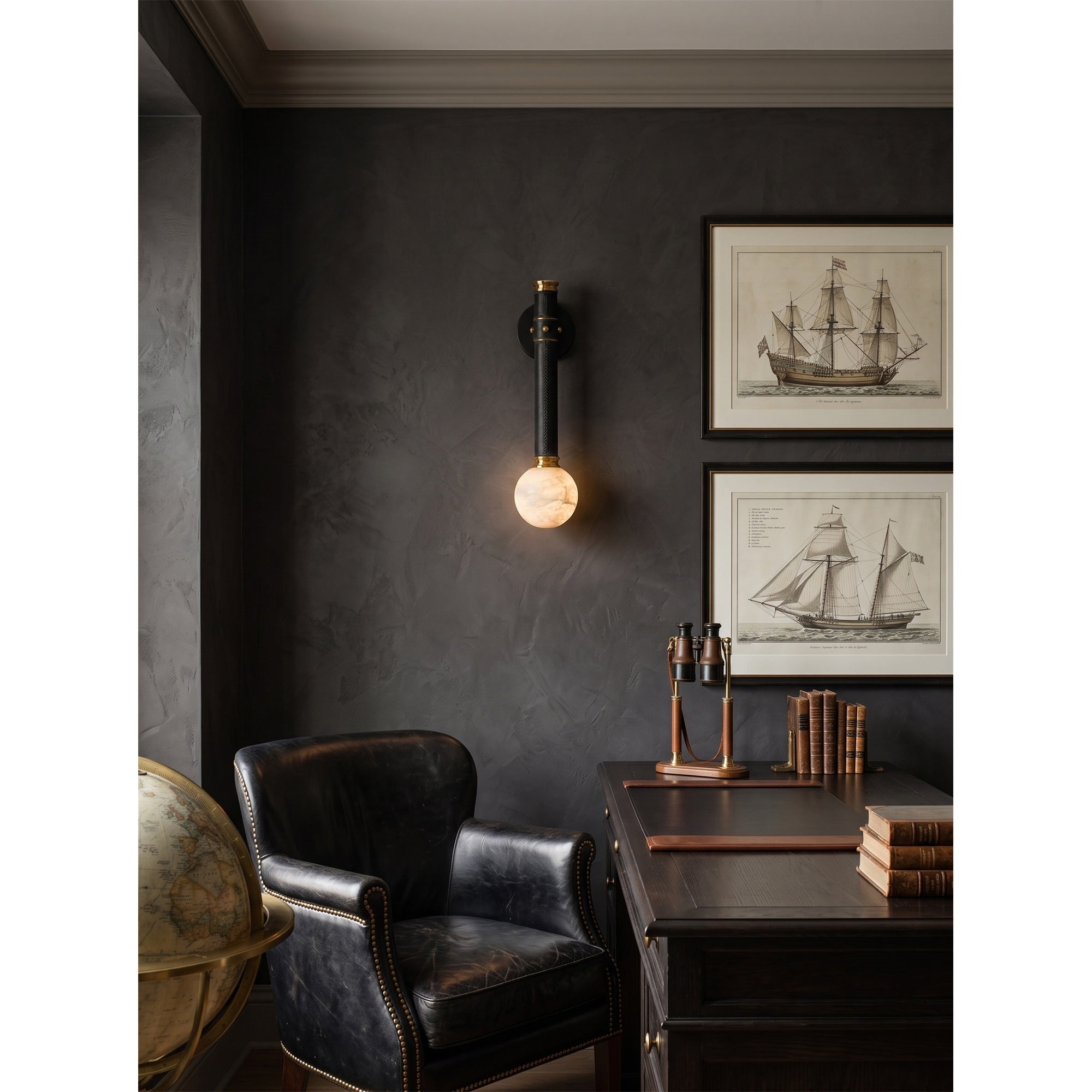 Stitched Leather Alabaster Globe Sconce