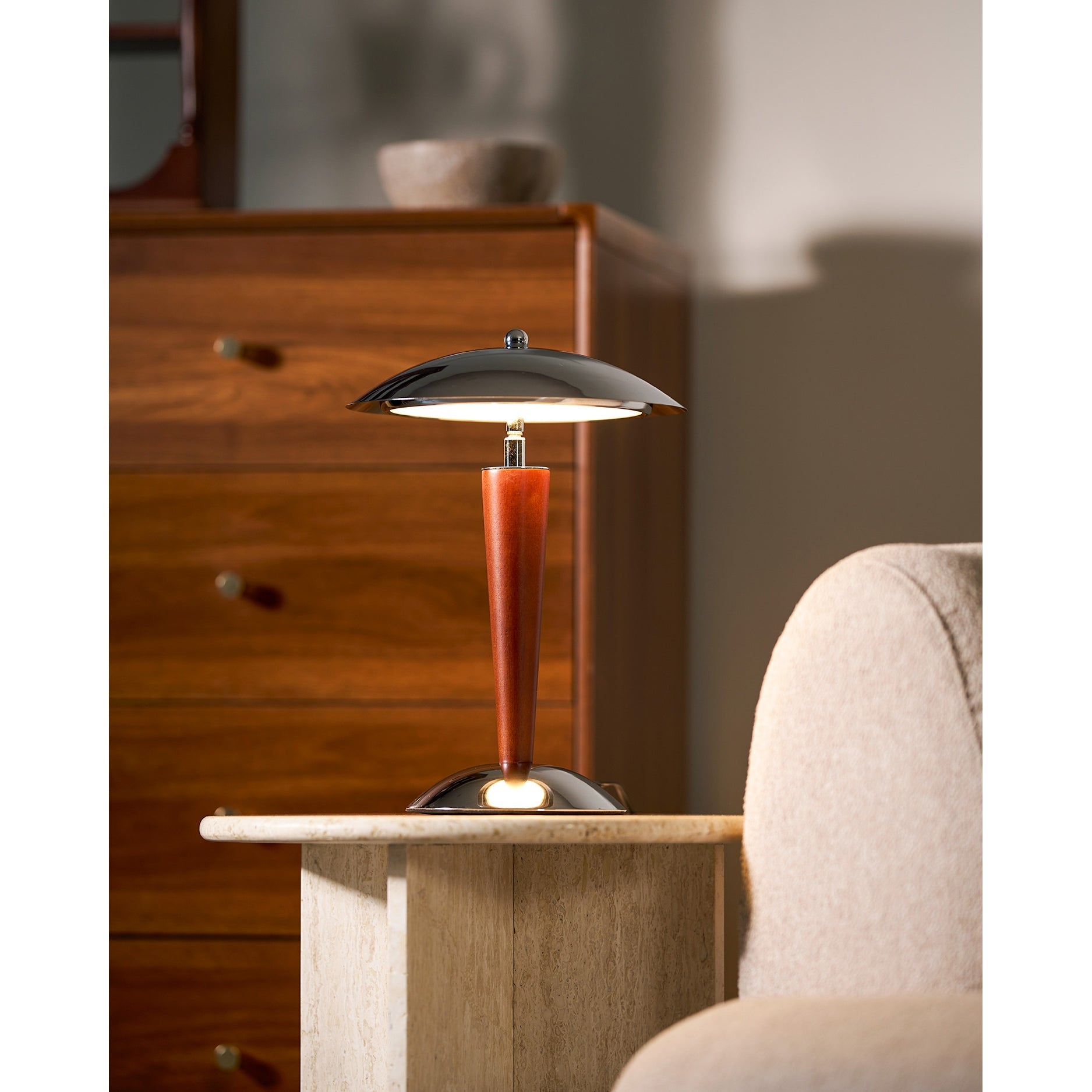 Chrome Dome & Walnut Table Lamp
