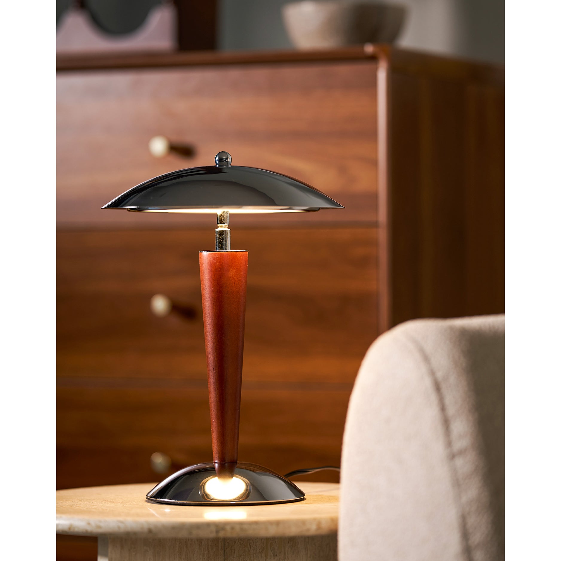 Chrome Dome & Walnut Table Lamp