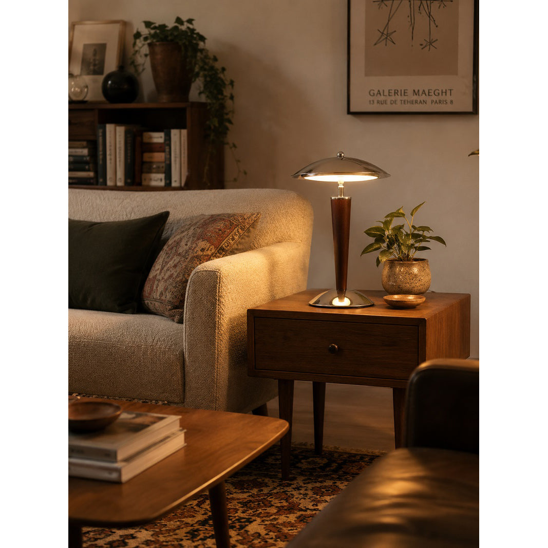 Chrome Dome & Walnut Table Lamp