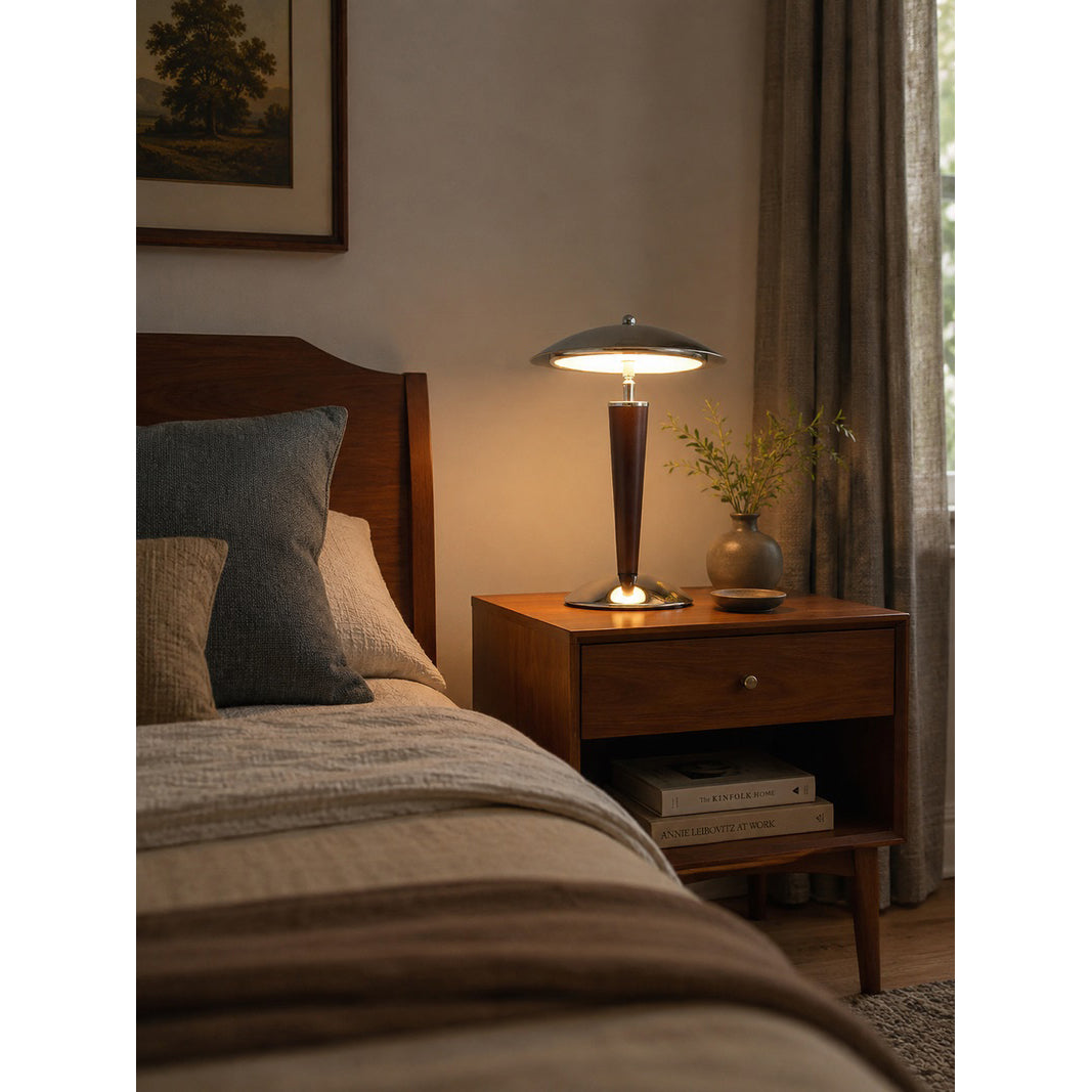 Chrome Dome & Walnut Table Lamp