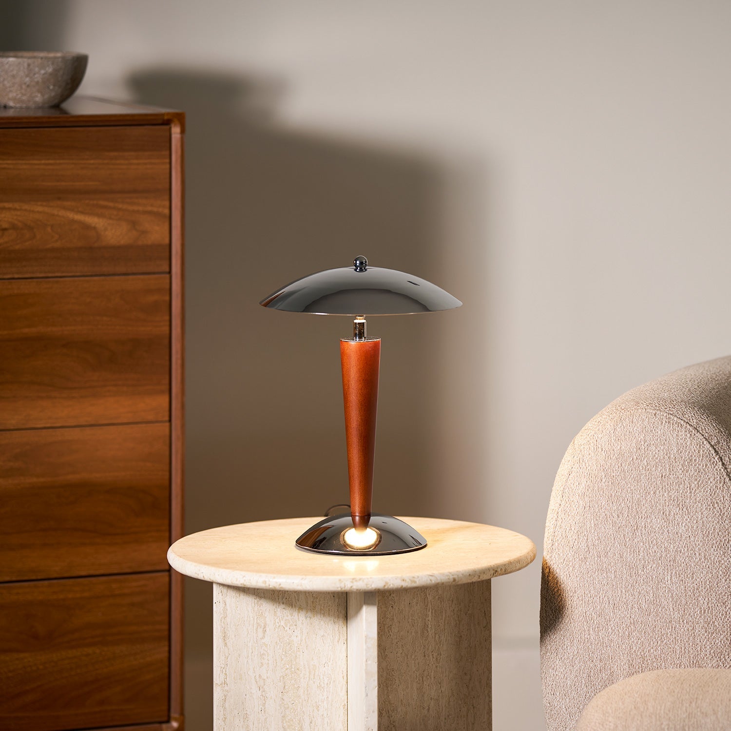 Chrome Dome & Walnut Table Lamp