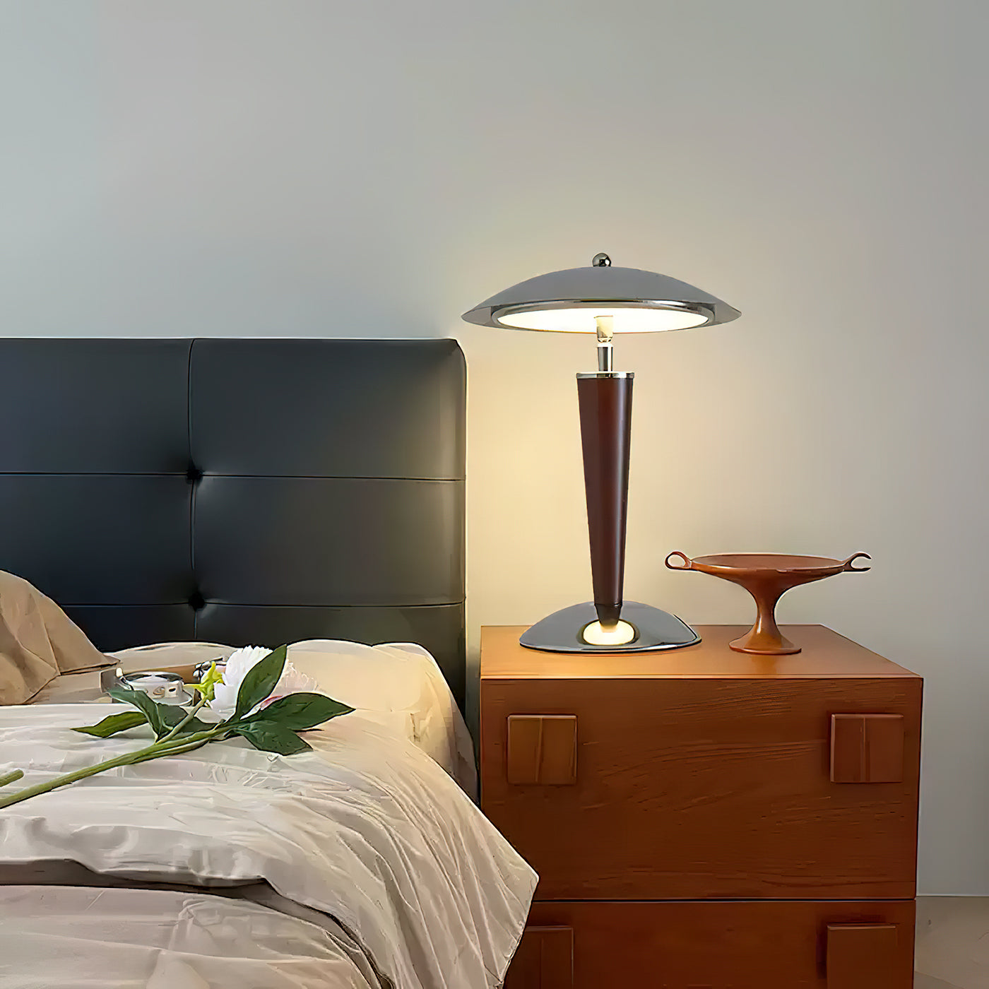 Chrome Dome & Walnut Table Lamp