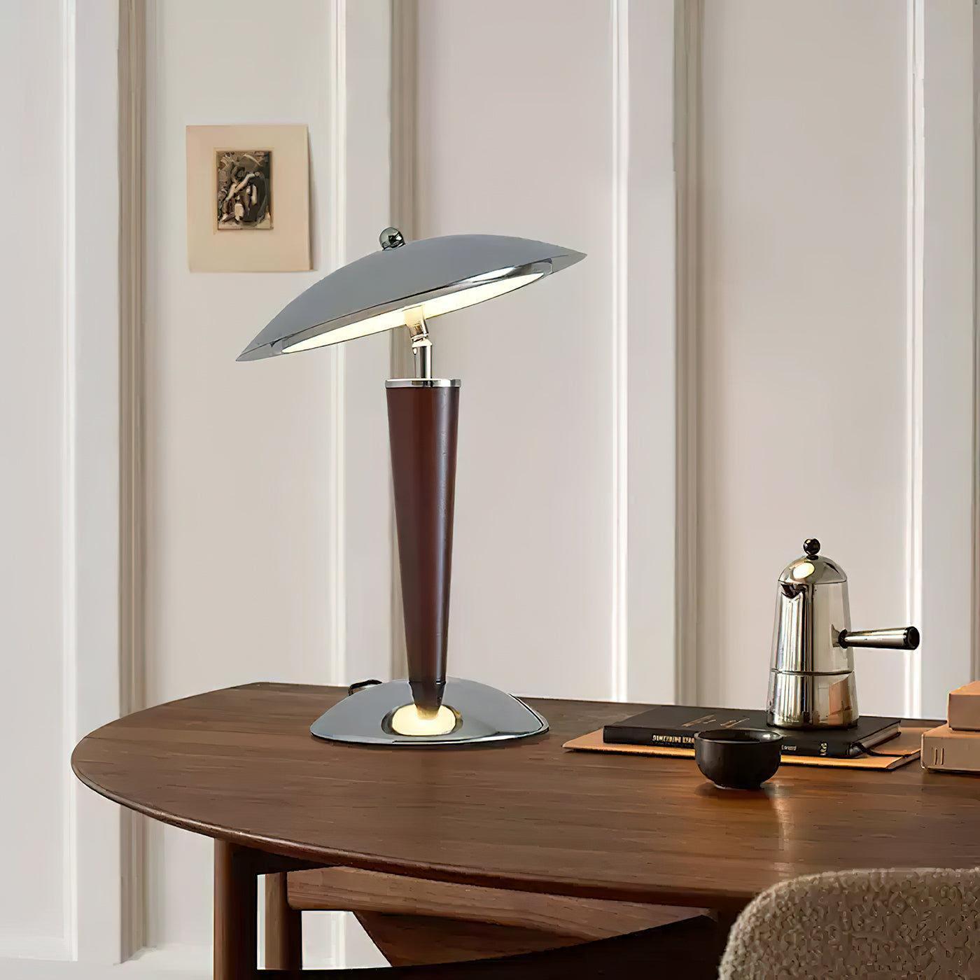 Chrome Dome & Walnut Table Lamp