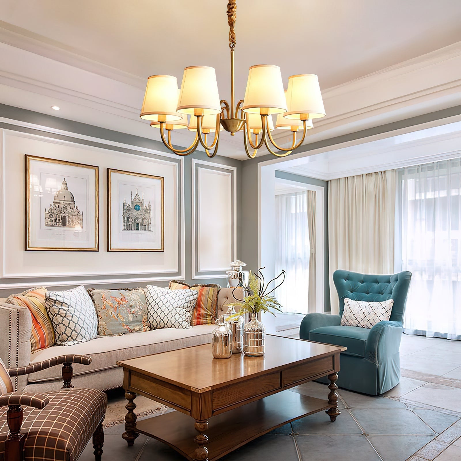 Harrow Aged Brass & Linen Chandelier