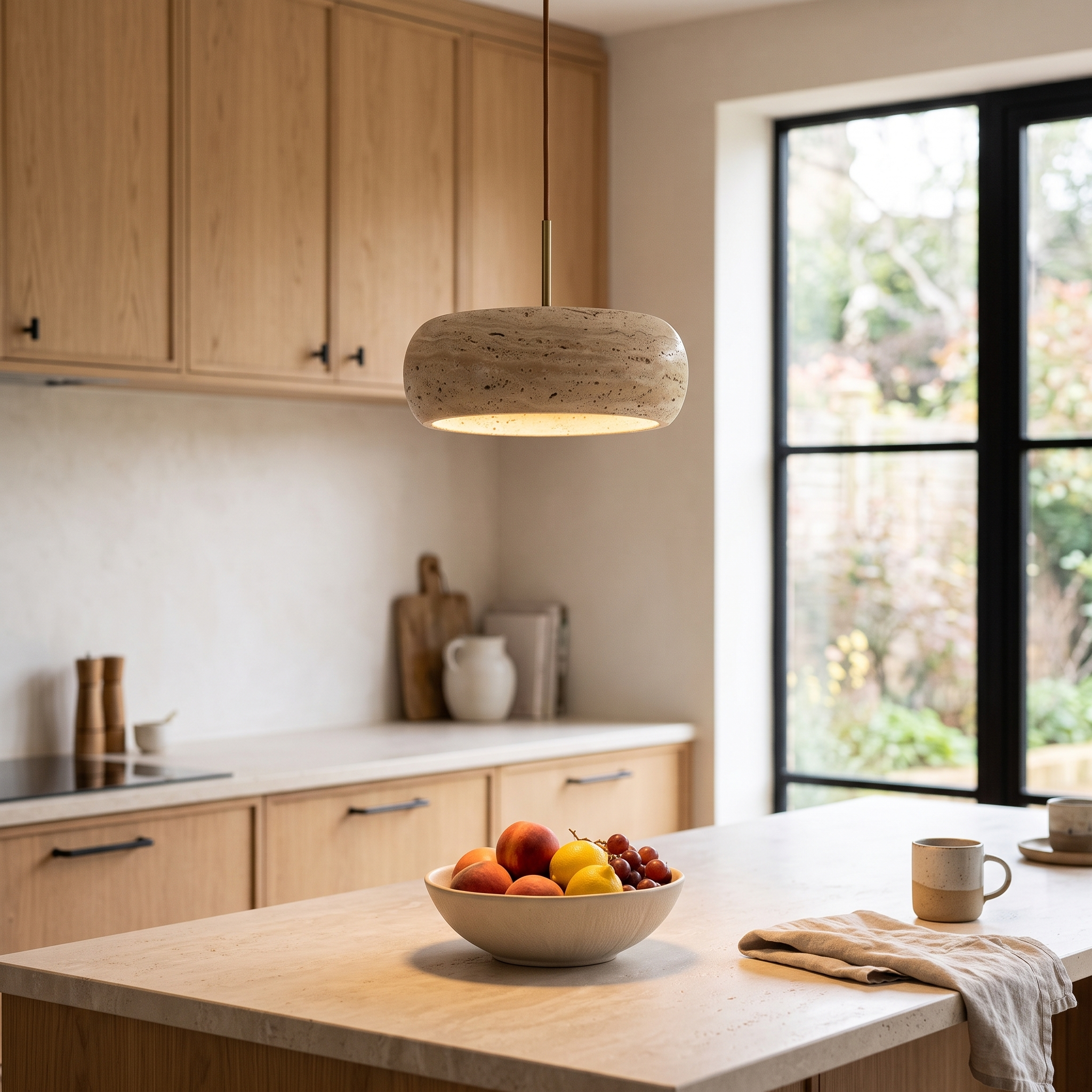 Travertine Drum Pendant Lamp above a kitchen island