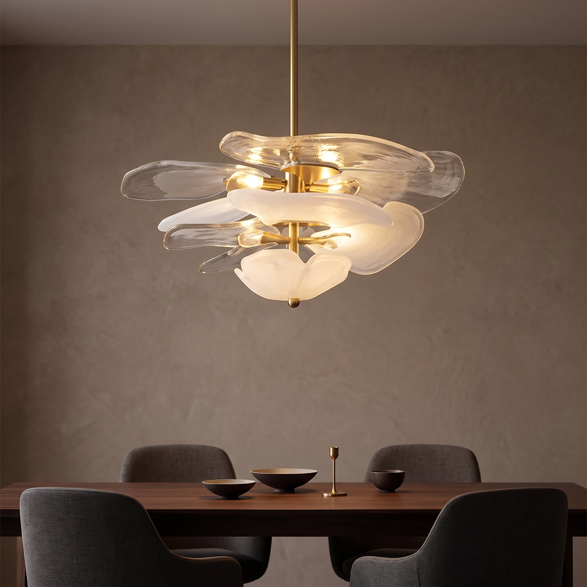 Lotus Leaf Layered Glass Chandelier above a dining table