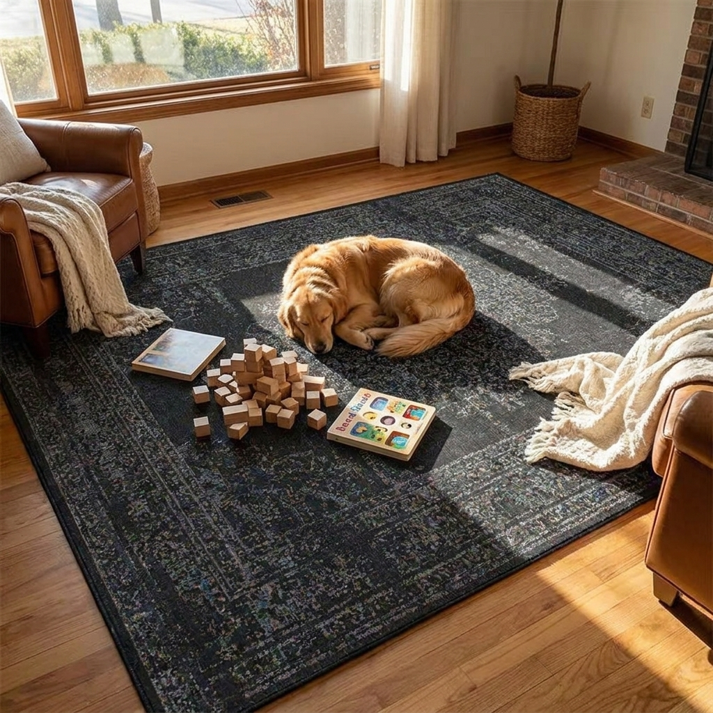 Retro Black Persian carpet in a styled living room