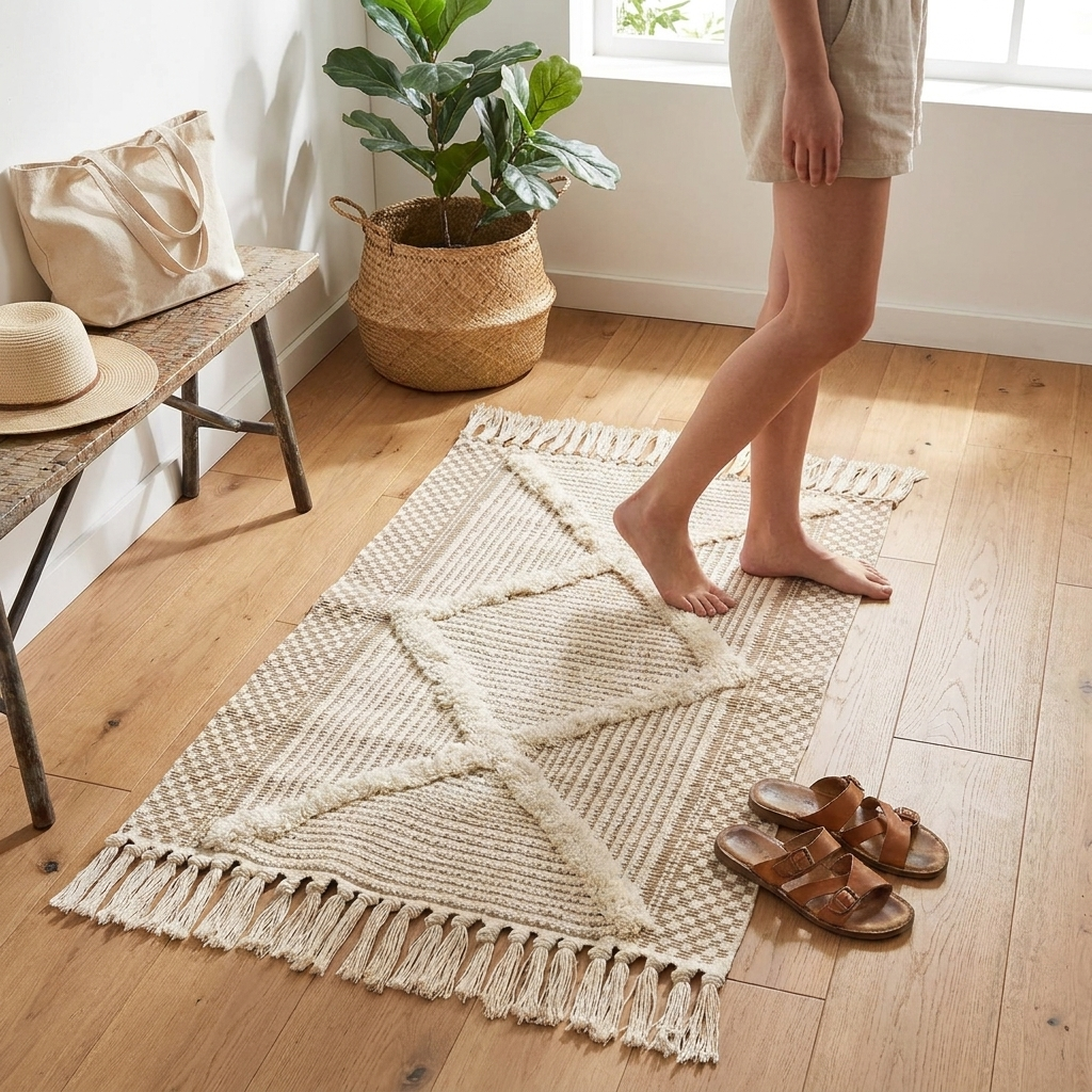 Tassel Moroccan rug in a bedroom setting