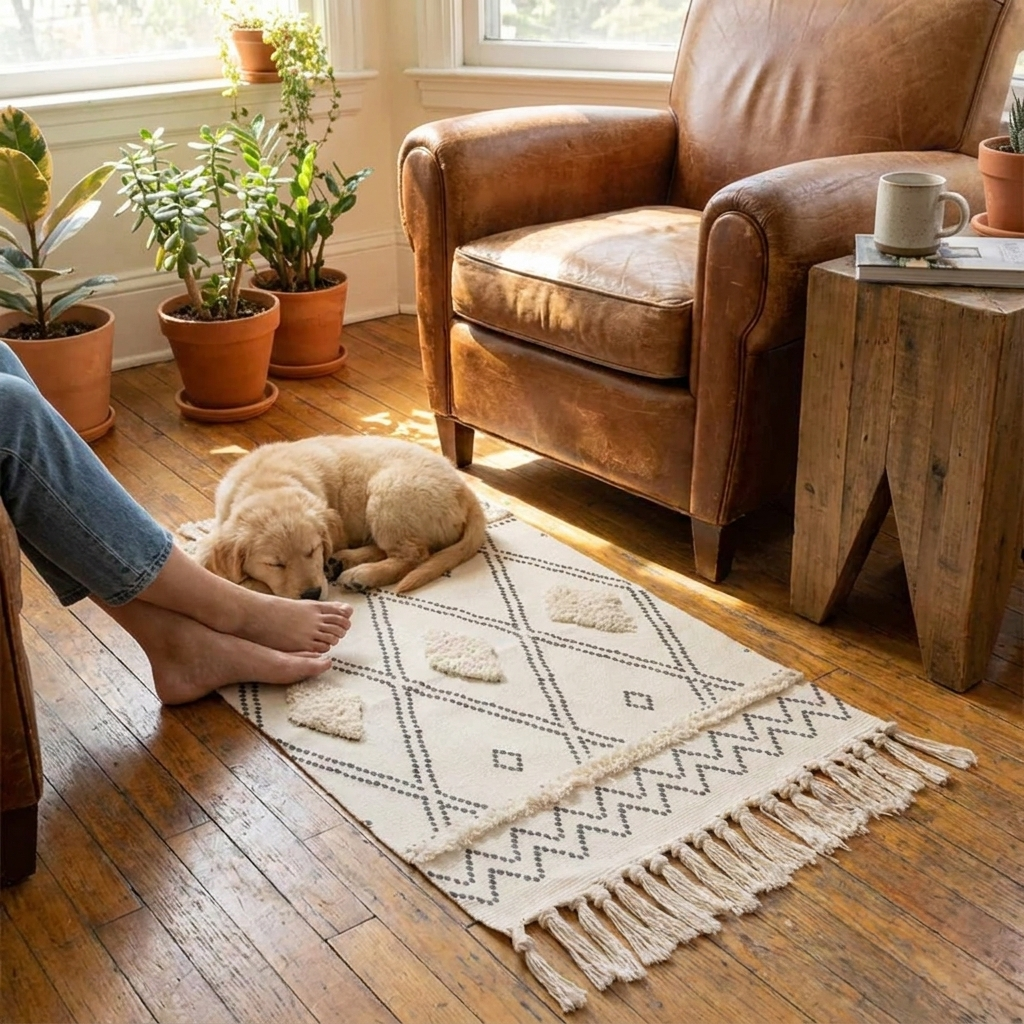 Nordic cotton tassel carpet in a living space