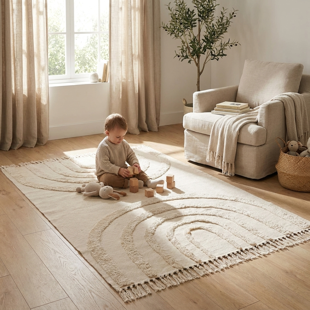 Nordic linen rainbow rug beside a bed