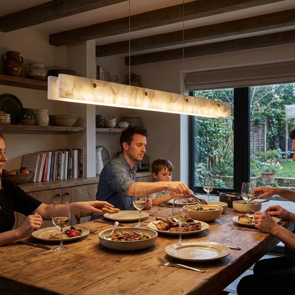 Alabaster LED linear pendant over a dining table