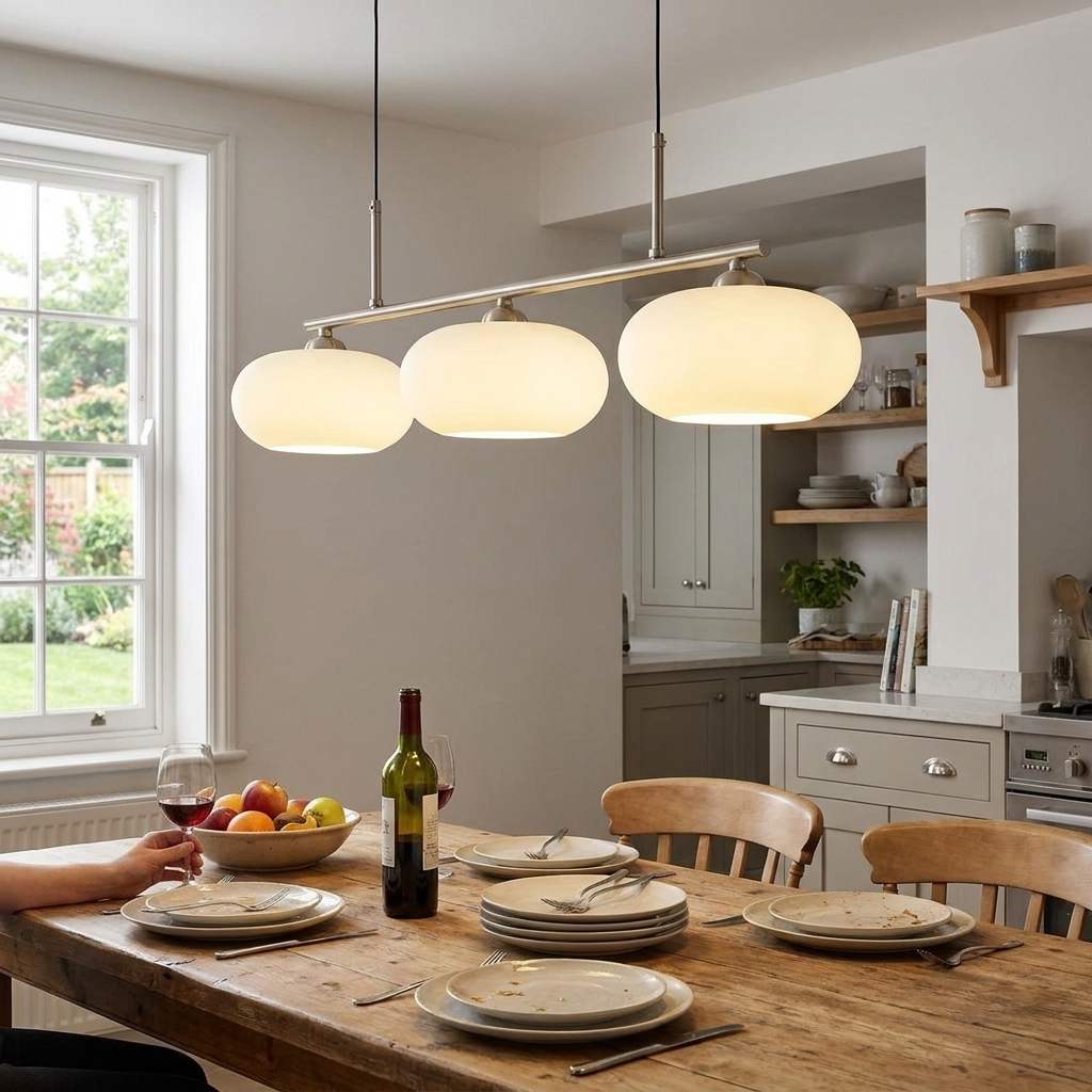 Sculptural pendant light above a dining table