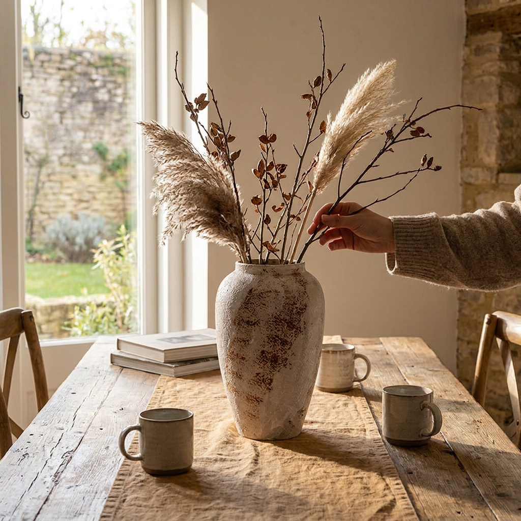 Coarse-glaze ceramic vase styled in a home interior