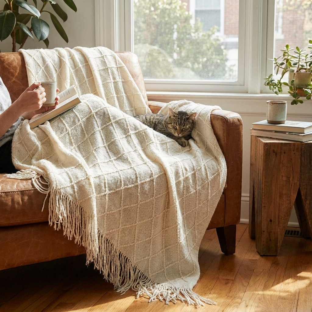 Fringed knit throw draped over an armchair