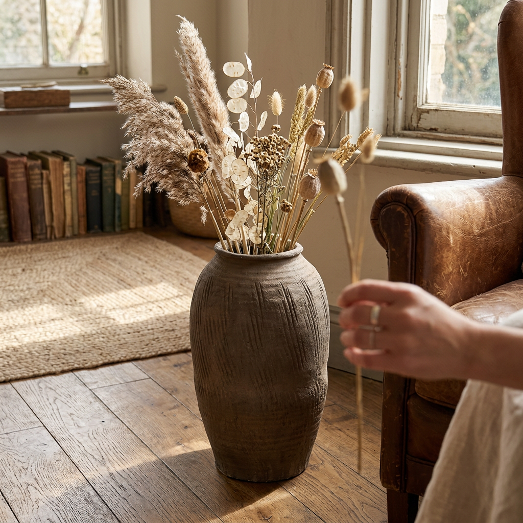 Large terracotta vase in a living space