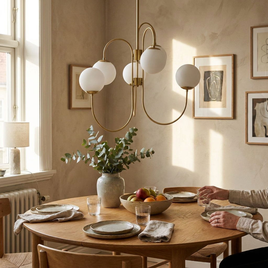 Gooseneck chandelier installed over a dining table