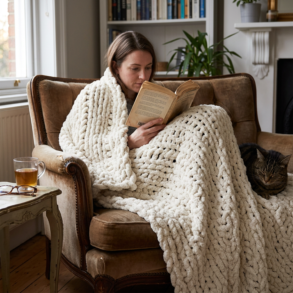 Hand-knit wool throw on a bed
