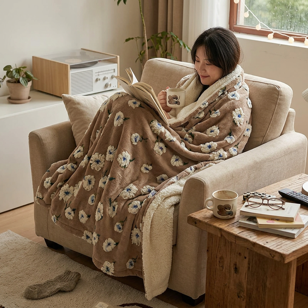 Jacquard cashmere-blend throw draped in a living room