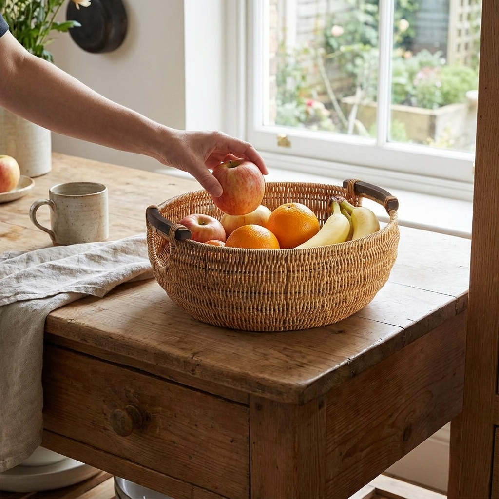 Woven fruit basket on a kitchen counter