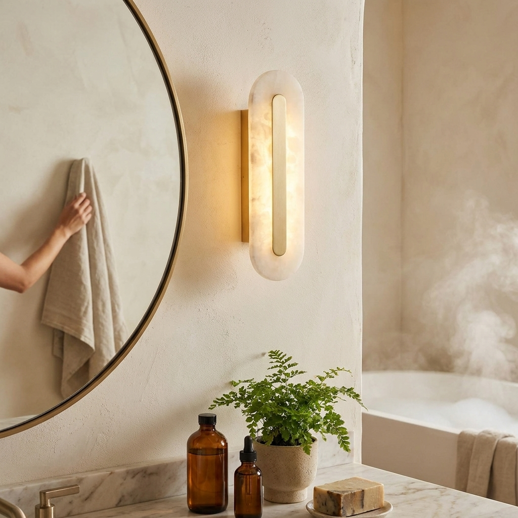 Alabaster disc sconce mounted on an interior wall