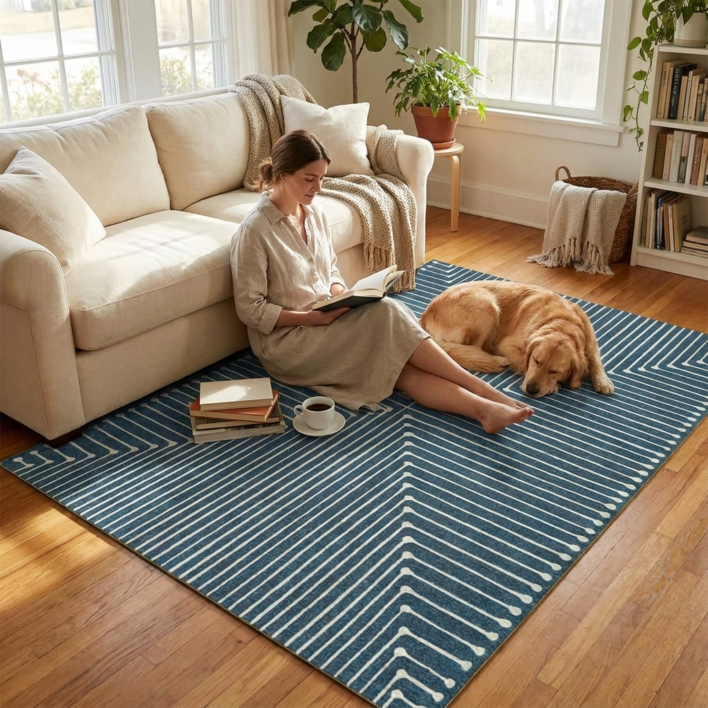 Line-maze area rug in a modern interior