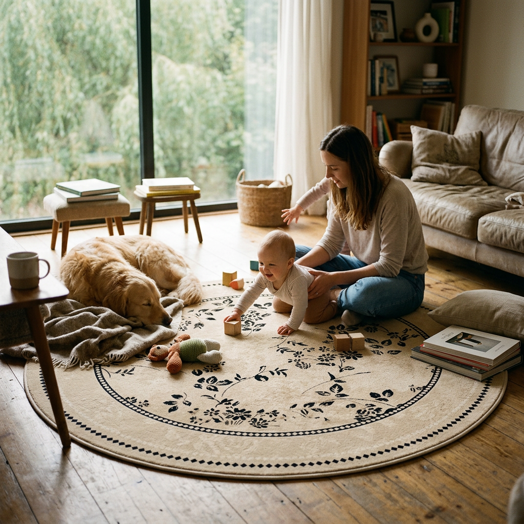 Medallion round rug in a living room