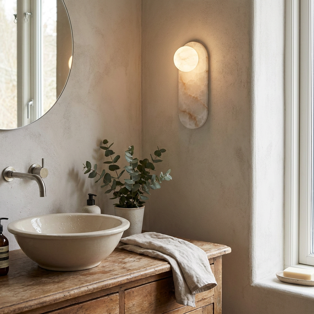 Modulo Alabaster Wall Sconce in a styled interior setting