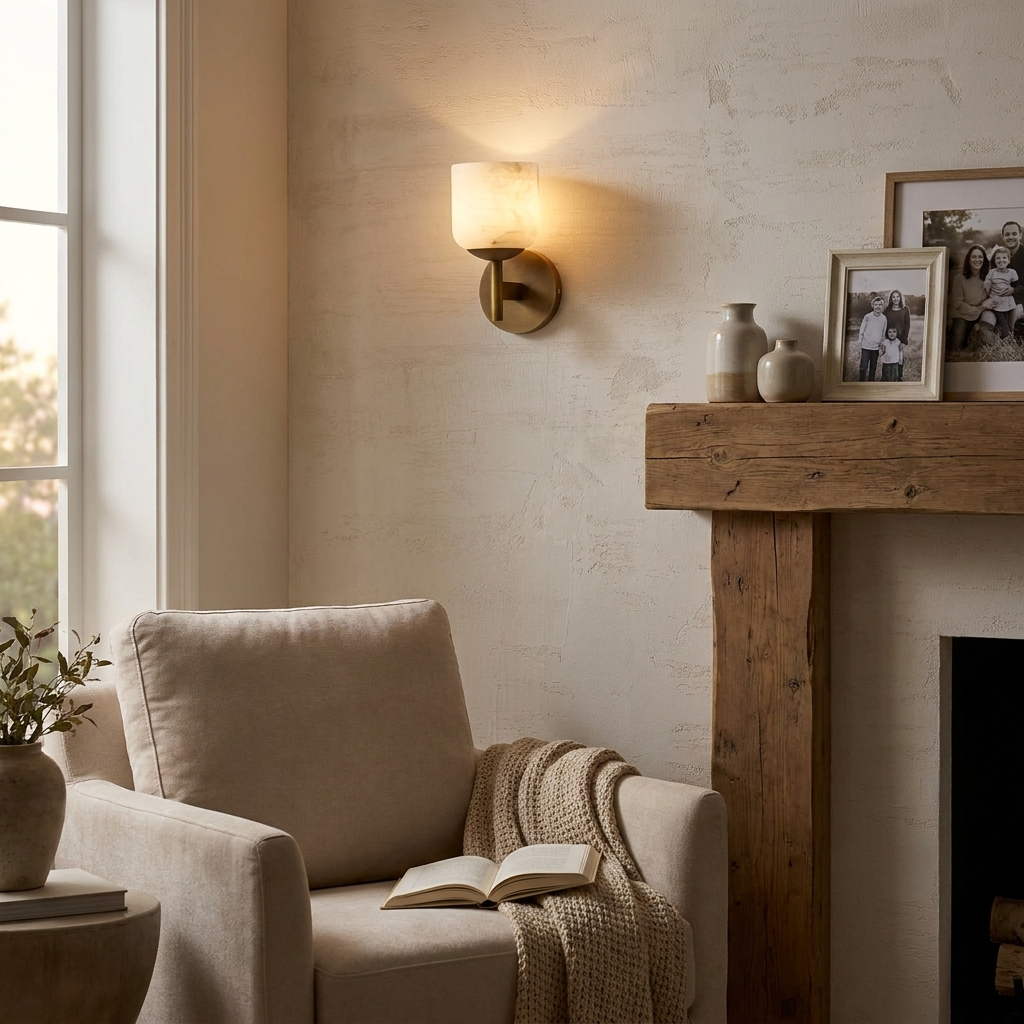 Garrison Alabaster Wall Sconce in a styled interior setting