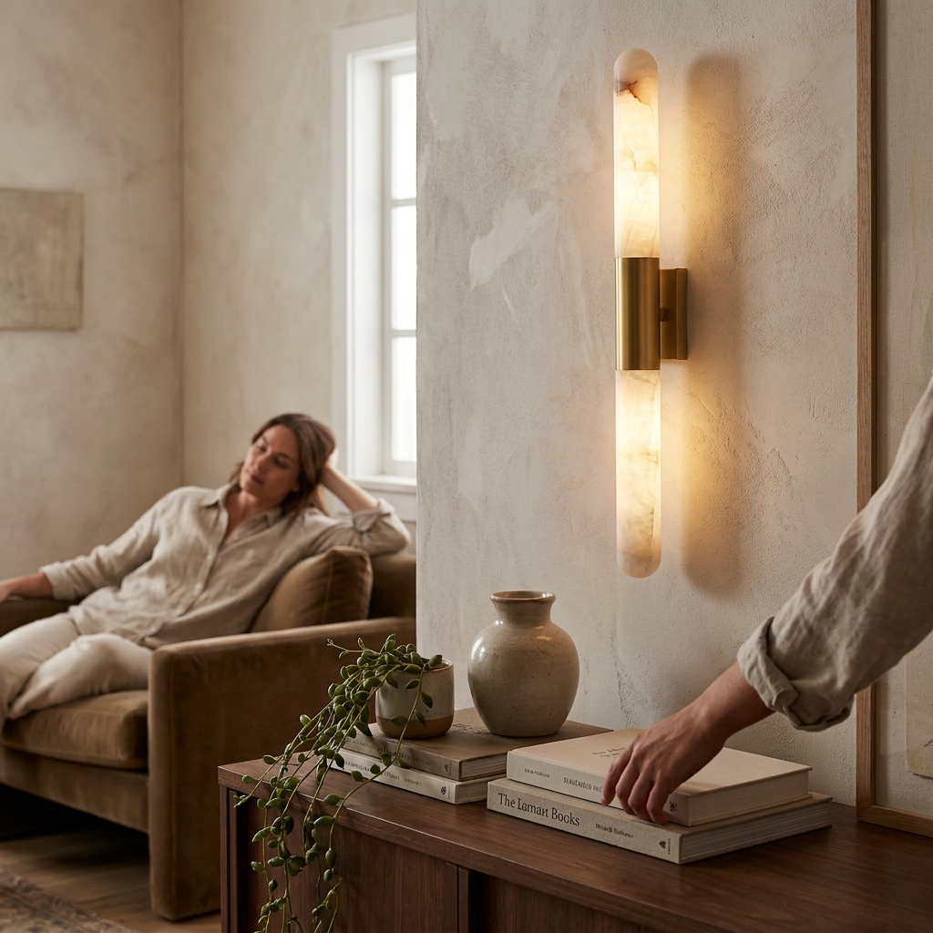 Velin Alabaster Tube Wall Sconce in a styled interior setting