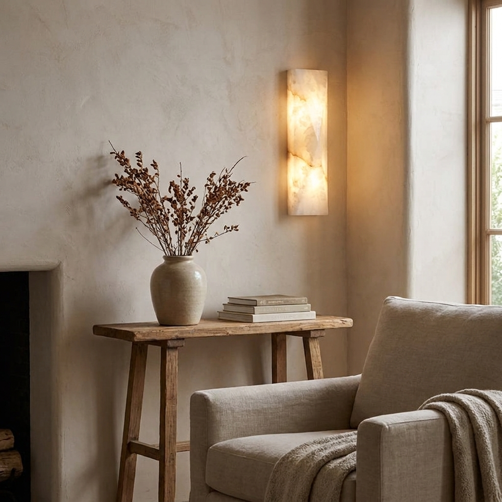 Tropez Alabaster Wall Sconce in a styled interior setting