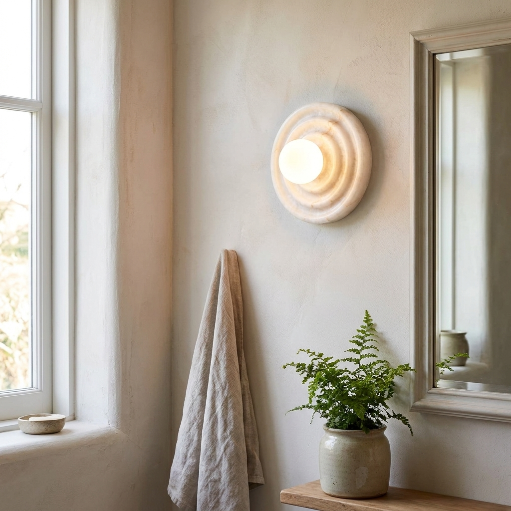 Grove Alabaster Wall Sconce in a styled interior setting