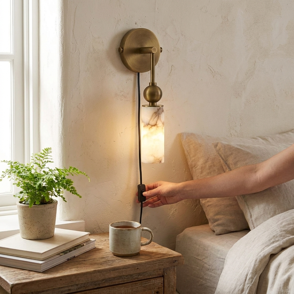 Harlin Alabaster Plug-in Wall Sconce in a styled interior setting