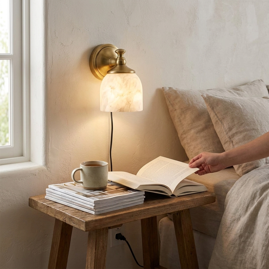 Chart Alabaster Plug-in Wall Sconce in a styled interior setting