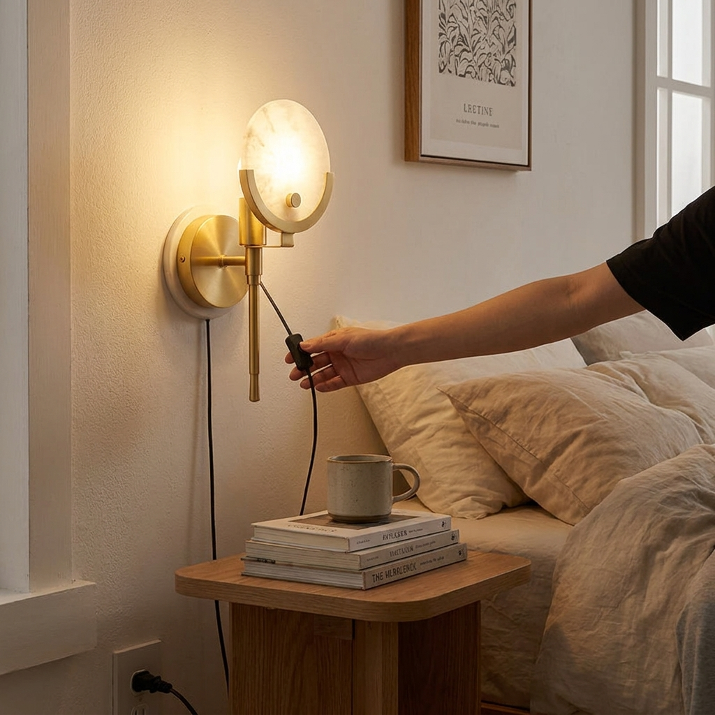 Crescent Cradle Alabaster Plug-in Wall Sconce in a styled interior setting