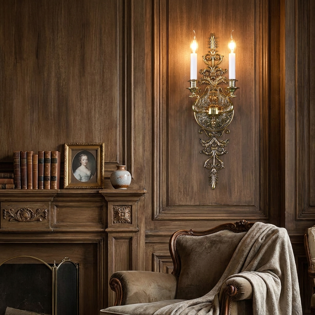 Aurelia Brass Double-Candle Wall Sconce in a styled interior setting